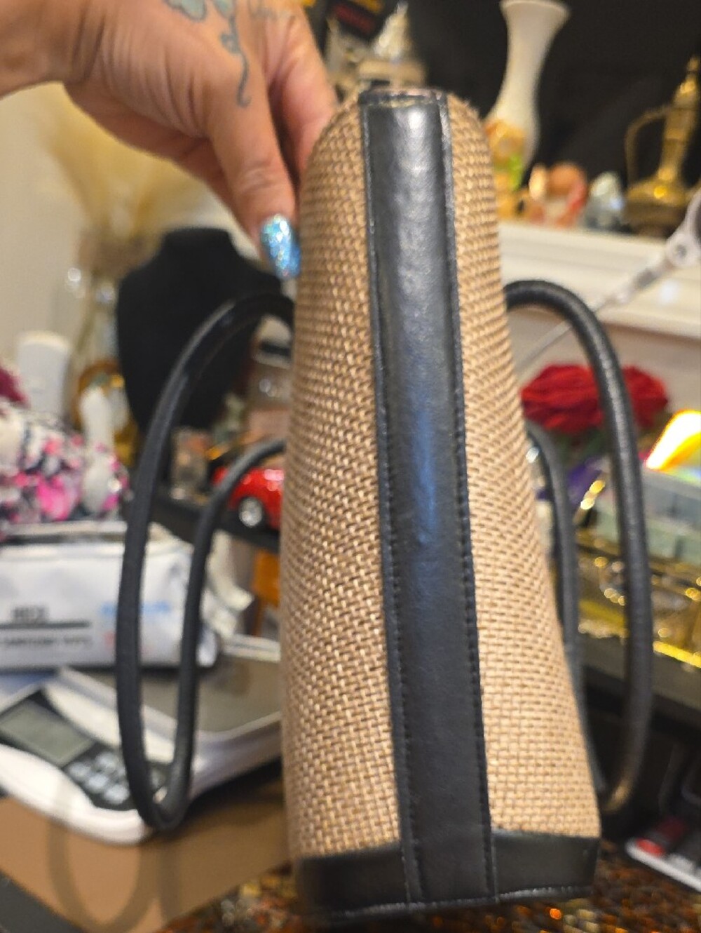 Woven Straw Tote Bag with Beaded Sunburst Accent in Natural and Black - Picture 2 of 7
